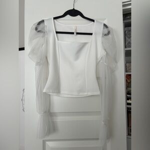 White Crop Top w/ Tulle Puff Sleeves - XS